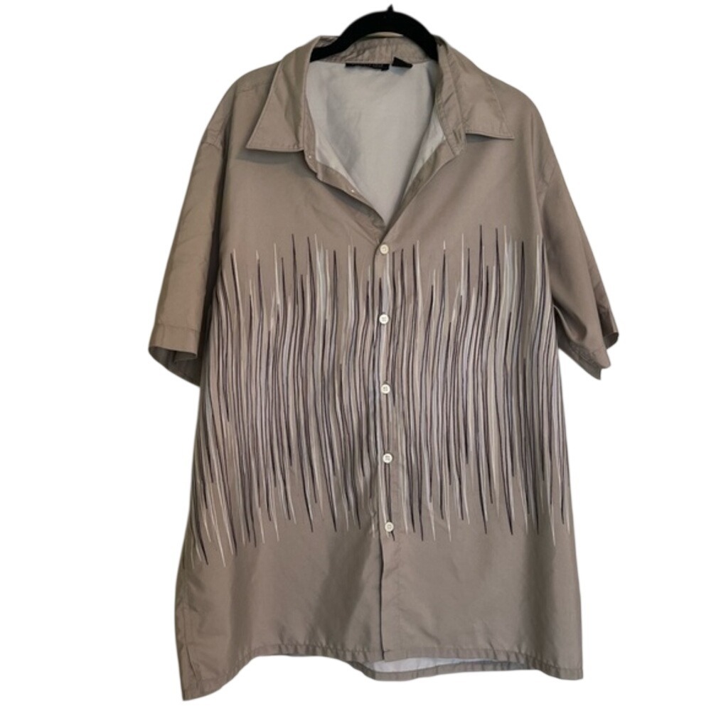 Kenneth‎ Cole New York Mens XL Taupe Graphic Print Short Sleeve Button Up #60
